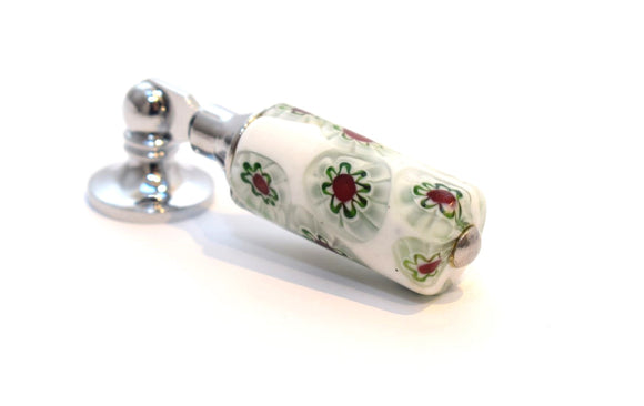 Antique Murano Glass Door Handle Short - White & Flower Design A