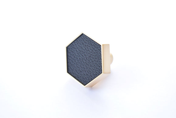 Zinc Alloy Hexagon Knob - Black Leather